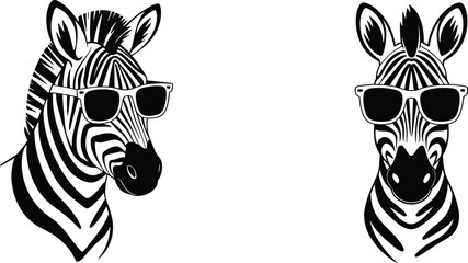 Cool zebra portrait head set wearing sunglasses isolated on white background stylized black and white vector illustration © MD JAHID