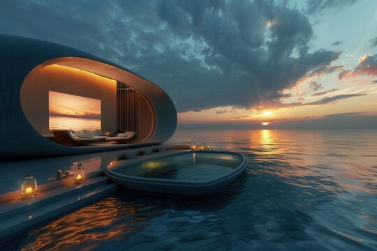 Modern pod floats on calm water at sunset