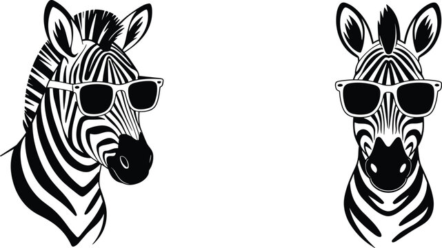 Cool zebra portrait head set wearing sunglasses isolated on white background stylized black and white vector illustration