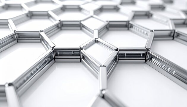 Hexagonal modular bracket system made of lightweight aluminum alloy with an anodized finish, creating a cinematic widescreen geometric pattern ideal for industrial engineering concepts.