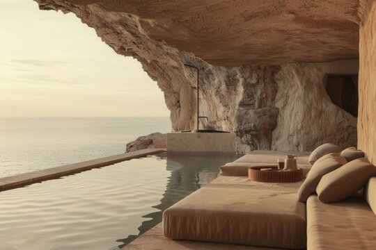 Cave pool hugs ocean with calm, serene waters