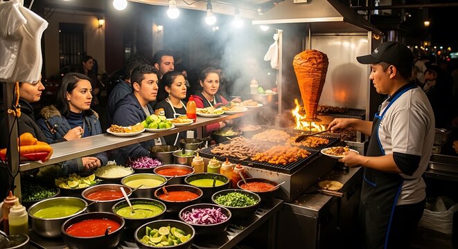 A vibrant street food scene with a taquero preparing tacos al pastor, surrounded by colorful toppings and eager customers.