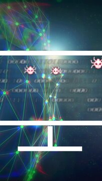 Vertical video: Lensflare initiating, globe showing code, skulls rising, red ban blocking malware
