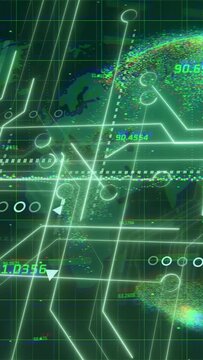 Vertical video: HUD moving on grid scan passing nodes pulsing links sphere forming showing map data