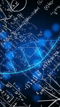 Vertical video: Neon curve emerging left, sweeping right across rotating math field, revealing math