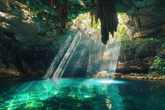 Crystal-clear water glows beneath sunlight beams