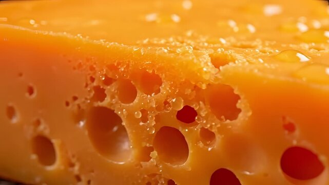 Closeup Macro Shot of Delicious Cheddar Cheese Block with Holes.
