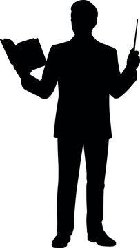 Male teacher silhouette standing full length holding open book and pointer stick presenting lesson isolated on white background vector illustration