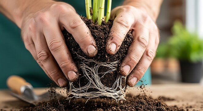 A gardeners hands carefully hold a plant, showcasing its robust, white root ball as its being transplanted into fresh soil.