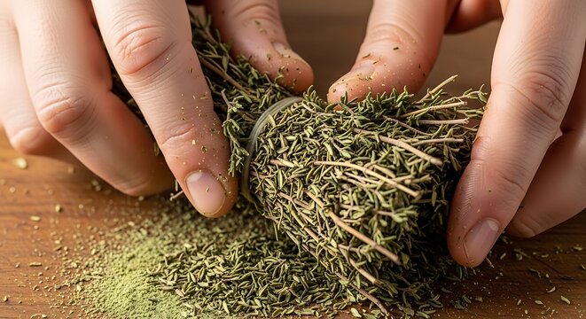 Hands gently crushing dried herbs, releasing their aroma. Focus on texture and natural ingredients.