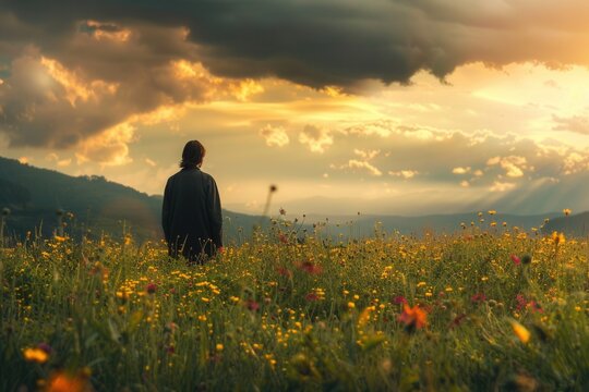 Silhouette stands alone in golden meadow at sunset