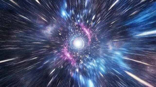 Abstract cosmic tunnel with bright light and colorful galaxy stars for space travel and universe exploration