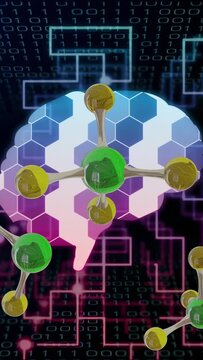 Vertical video: Molecules entering bottom growing clustering over hex brain showing neural links