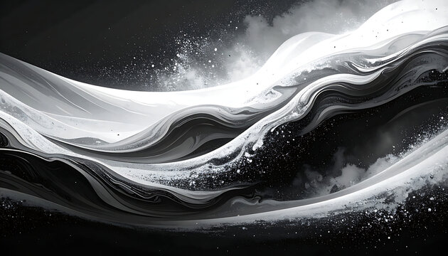Abstract swirling monochrome waves with glittering light particles, organic fluid motion, dark background texture, atmospheric energy