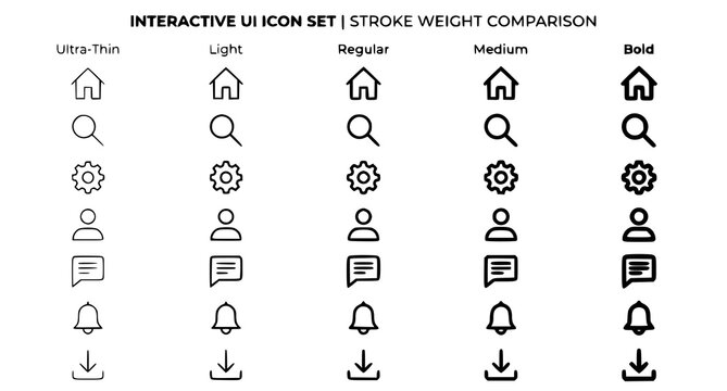 Interactive UI Icon Set with Five Stroke Weight Variations for Web and App Design System