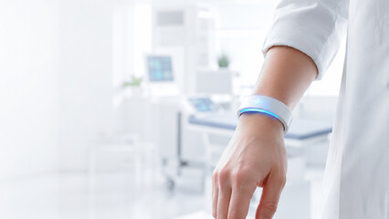 Obraz premium High tech biometric health tracker on wrist in bright modern medical environment