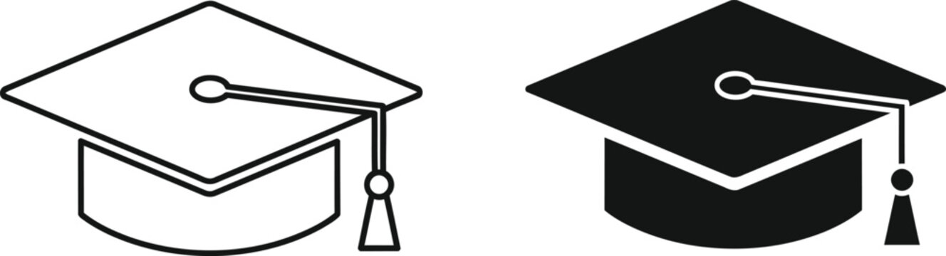 Graduation cap icon set outline and solid fill versions