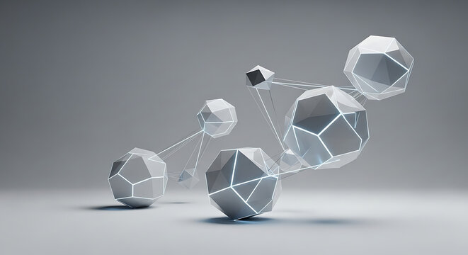 Abstract 3D rendering of interconnected geometric polyhedra with glowing lines on a minimalist grey background, representing network or data flow.