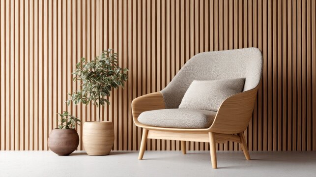 Modern armchair with plants against a slatted wood wall, minimalist interior design