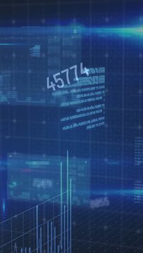 Vertical video: Top-right flare entering, data charts rising and panels sliding, showing metrics