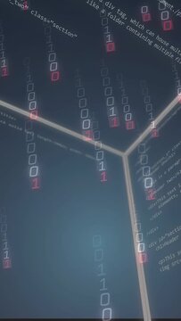Vertical video: Camera moving from junction, glowing corner sending falling bits and revealing code