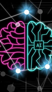 Vertical video: Neon stroke starting split brain drawing nodes pulsing lines linking toward AI core