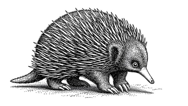 An intricate black and white illustration capturing the unique features of a spiny echidna, showcasing its distinctive quills and elongated snout in a detailed art style