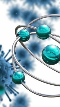 Vertical video: Metal multi-ring orbit entering right, rotating, teal beads circling to show scale
