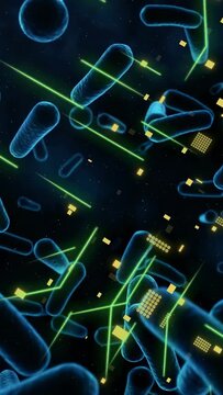 Vertical video: Neon streaks appearing, glowing cyan rods drifting, rotating and showing parallax
