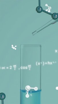 Vertical video: Tube getting drop from pipette, liquid rising as 3D icons and math floating for lab