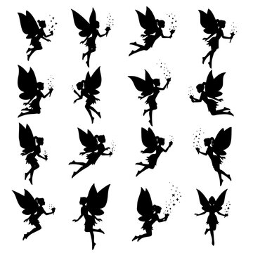 Set of 16 Fairy Silhouettes with Magic Wands and Sparkles
