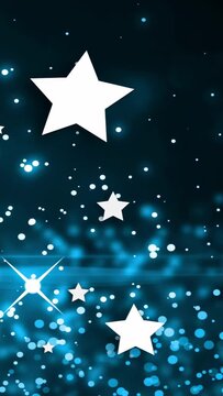Vertical video: Bokeh pulse sending white 3D stars drifting rotating flipping forming looping scene