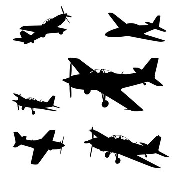 Set of Propeller Airplane Silhouettes Isolated on White Background