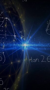 Vertical video: Blue core pulsing, emitting rays and sparking band, lighting nodes, revealing math