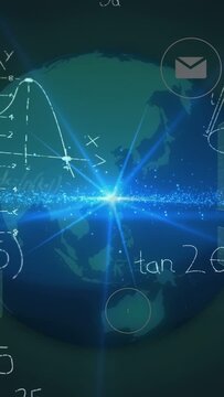Vertical video: Central flare pulsing, globe rotating, icons drifting, math appearing, mapping data
