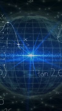 Vertical video: Stylized globe rotating after starburst pulsing, chalk math drawing in showing math