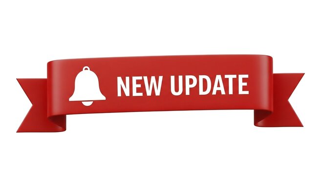 Red notification banner with bell icon saying new update isolated on white background
