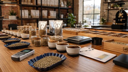 Naklejka premium Coffee beans and equipment arranged in a coffee shop during a busy day with sunlight streaming through the windows