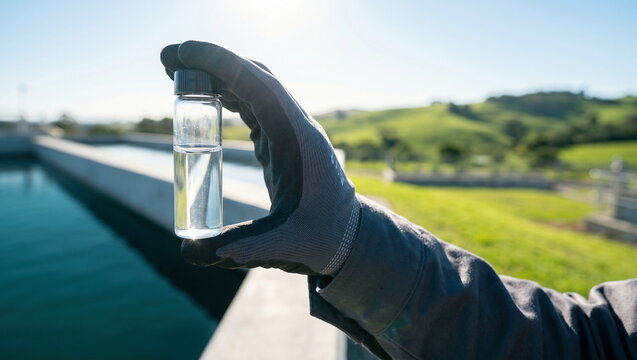 Water sample held in vial by gloved hand at outdoor water treatment facility with green landscape for quality control and environmental monitoring.