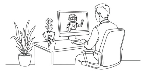 Fototapeta premium Businessman working on computer with ai robot and money icon in a line art office Vector, illustration
