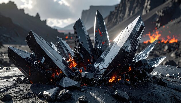 Sharp Obsidian Glass Shards with Fiery Glow Emerging from Volcanic Rock