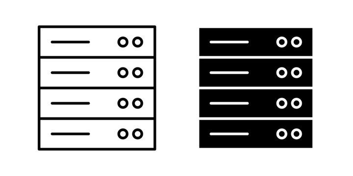 Server icon in outline and solid style, isolated on white background. Ideal for data hosting, backend infrastructure, and cloud computing features in mobile and web design.
