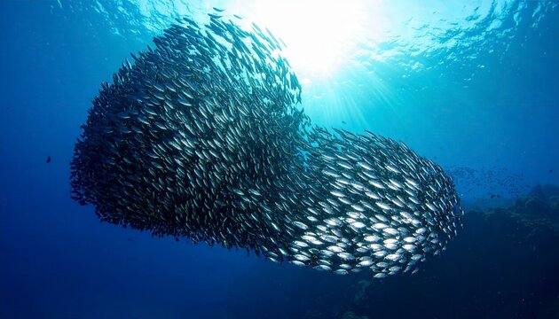 Massive school of tiny anchovies swirling in unison creating a shimmering bait ball in the deep blue ocean waters