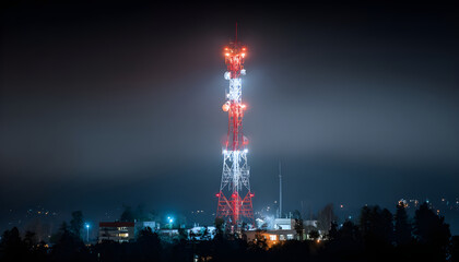 Fototapeta premium Communication tower illuminated and built for telecommunication networks.