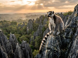 Obraz premium A ring-tailed lemur is perched on a rock, observing its surroundings. The lemurs distinctive black and white striped tail is clearly visible.