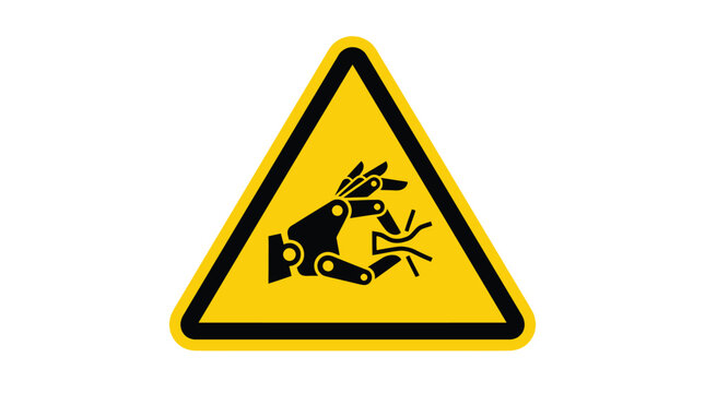 Yellow triangular warning sign featuring a black robotic hand crushing an object as a symbol for industrial mechanical pinch point hazards in a modern factory setting