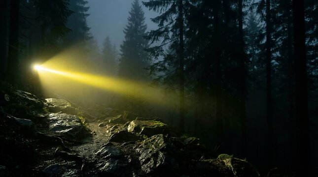 Light beam illuminating rocky forest path in dense misty woods, symbolizing guidance and exploration.