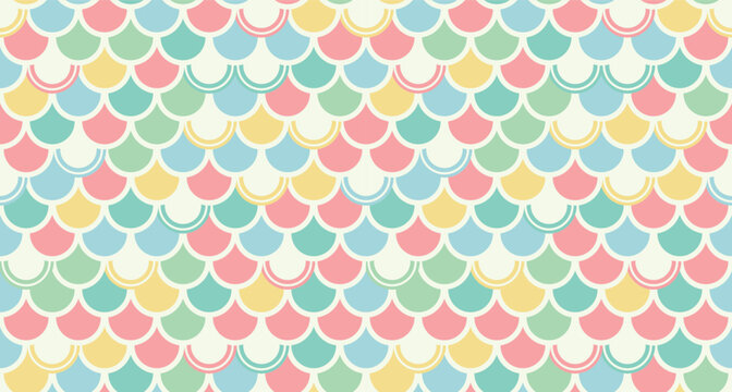 Seamless mermaid scales pattern with pastel colorful fish skin waves on cream background