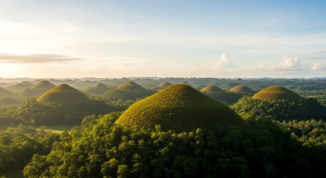 A panoramic view of hundreds of distinct, conical green hills under a bright sky, an extraordinary geological formation in a lush environment