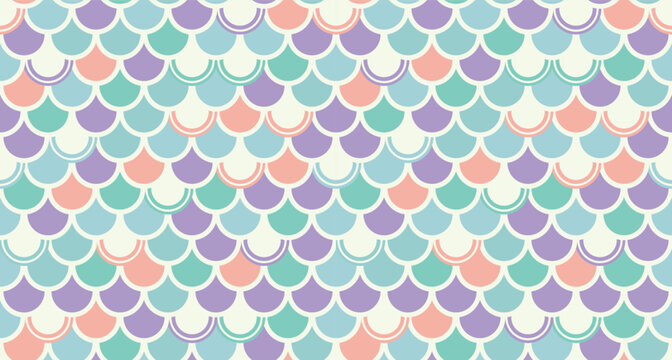 Seamless mermaid scales pattern with pastel purple and pink fish skin waves on cream background